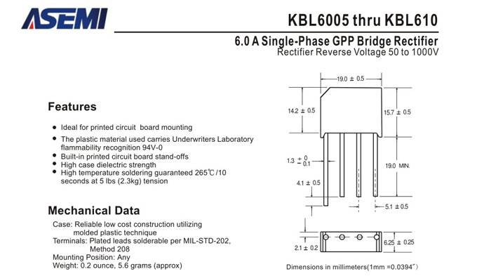 ASEMI品牌KBL610规格书