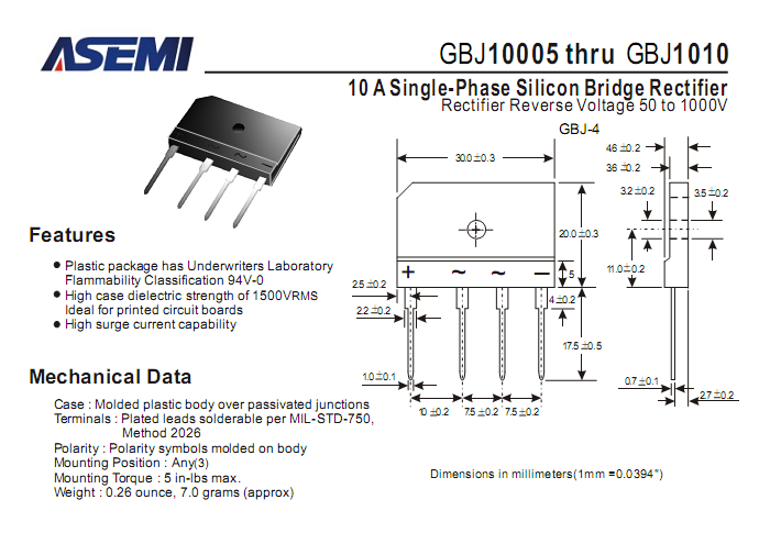 ASEMI整流桥GBJ1010中文资料