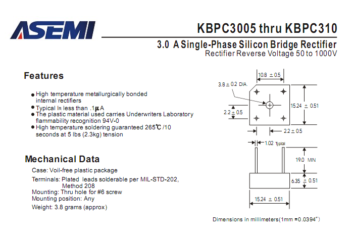 ASEMI品牌KBPC310中文资料