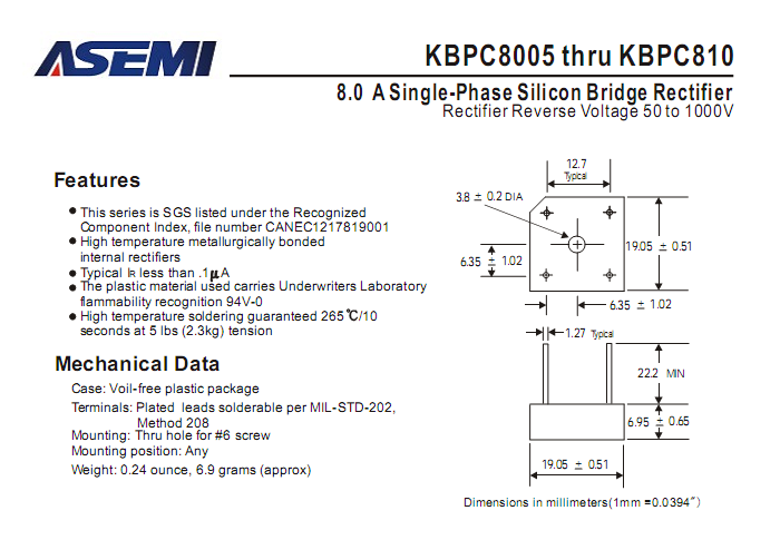 ASEMI品牌KBPC810中文资料