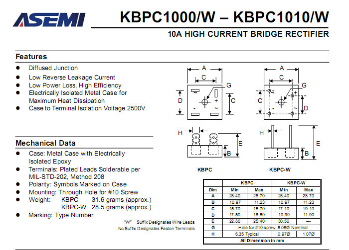 ASEMI品牌KBPC1008中文资料