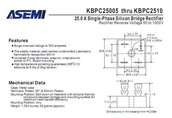 ASEMI品牌KBPC2510中文资料