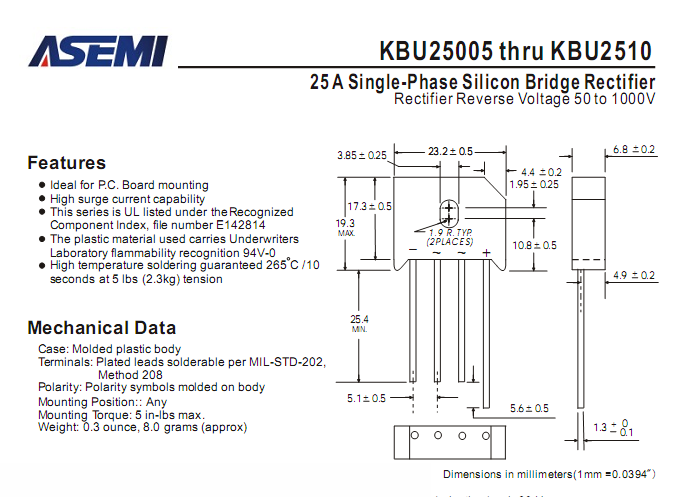 ASEMI品牌KBU2506参数规格书