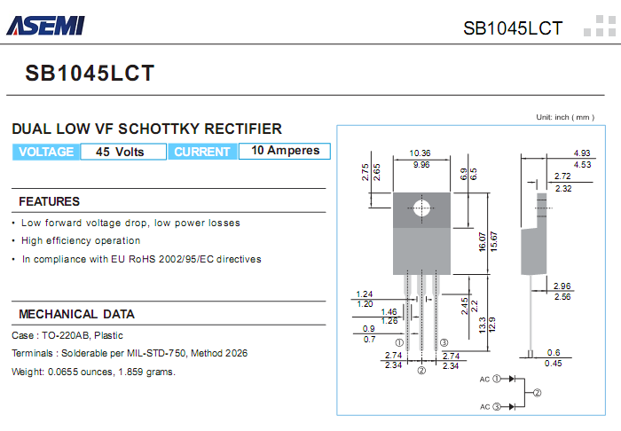 SB1045LCT 低压降肖特基参数书