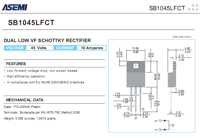 SB1045LFCT 低压降肖特基参数书