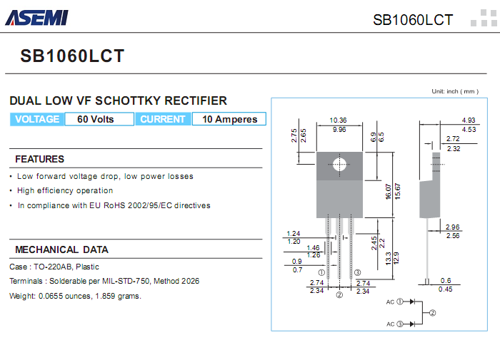 SB1060LCT 低压降肖特基参数书