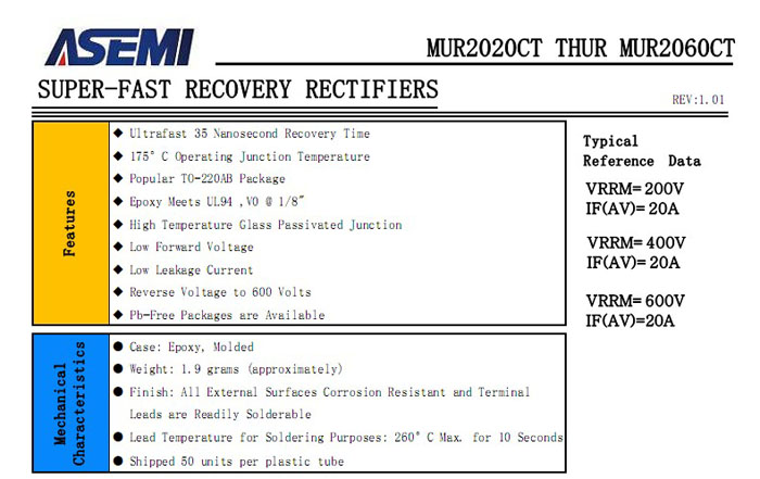 MURF2020CT超快恢复二极管参数规格书下载