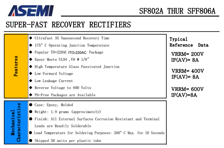 SF802A/804A/806A,SFF802A/804A/806A ASEMI超快恢复二极管PDF规格书