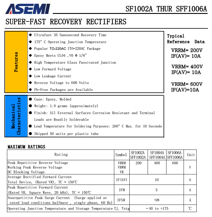 SF1002A/1004A/1006A,SFF1002A/1004A/1006A  ASEMI超快恢复二极管 PDF规格书