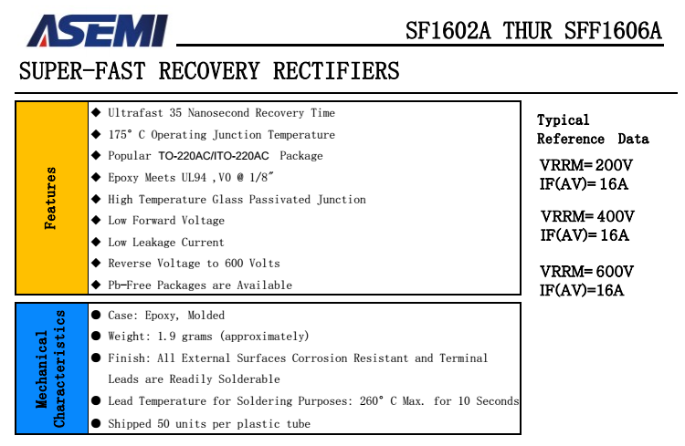 SF1602A/1604A/1606A,SFF1602A/1604A/1606A  ASEMI超快恢复二极管 PDF规格书