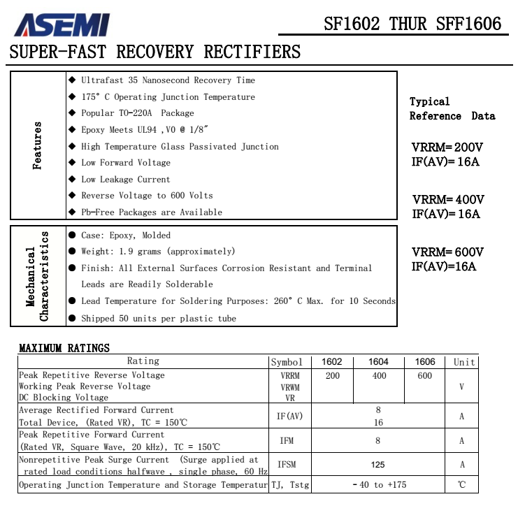 SF1602/1604/1606,SFF1602/1604/1606 ASEMI快恢复二极管规格书