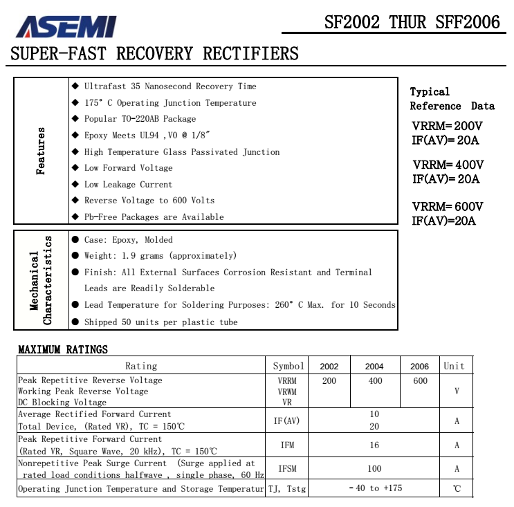 SF2002/2004/2006,SFF2002/2004/2006 ASEMI快恢复二极管规格书